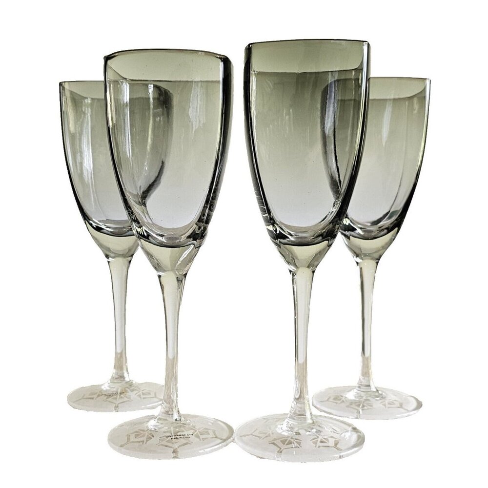 4 Retro Square Grey Wine Glasses 9.5" frosted etched base snowflake winter holid - Picture 1 of 13